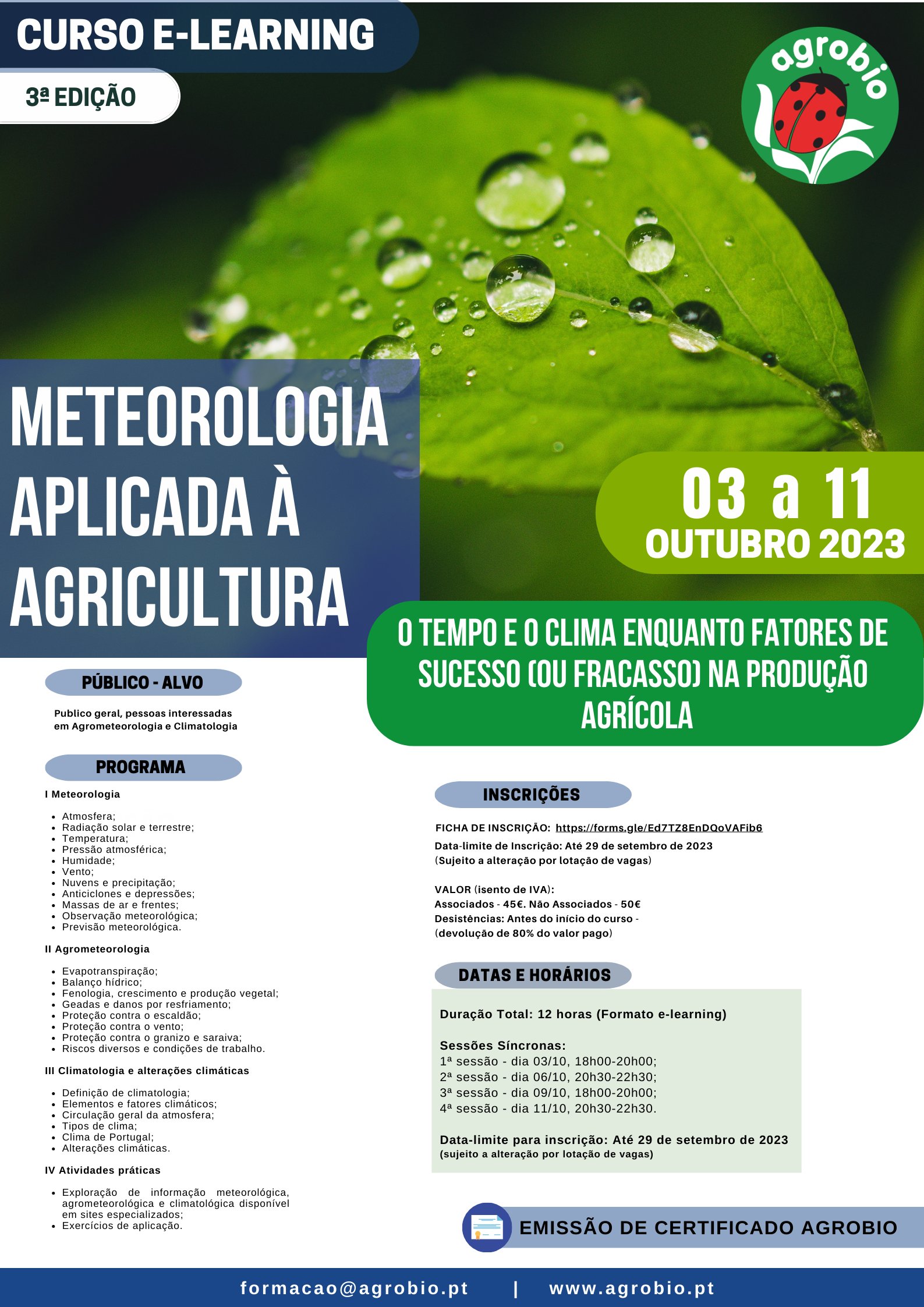 AGROBIO, Agricultura biológica;Metereologia Aplicada à Agricultura